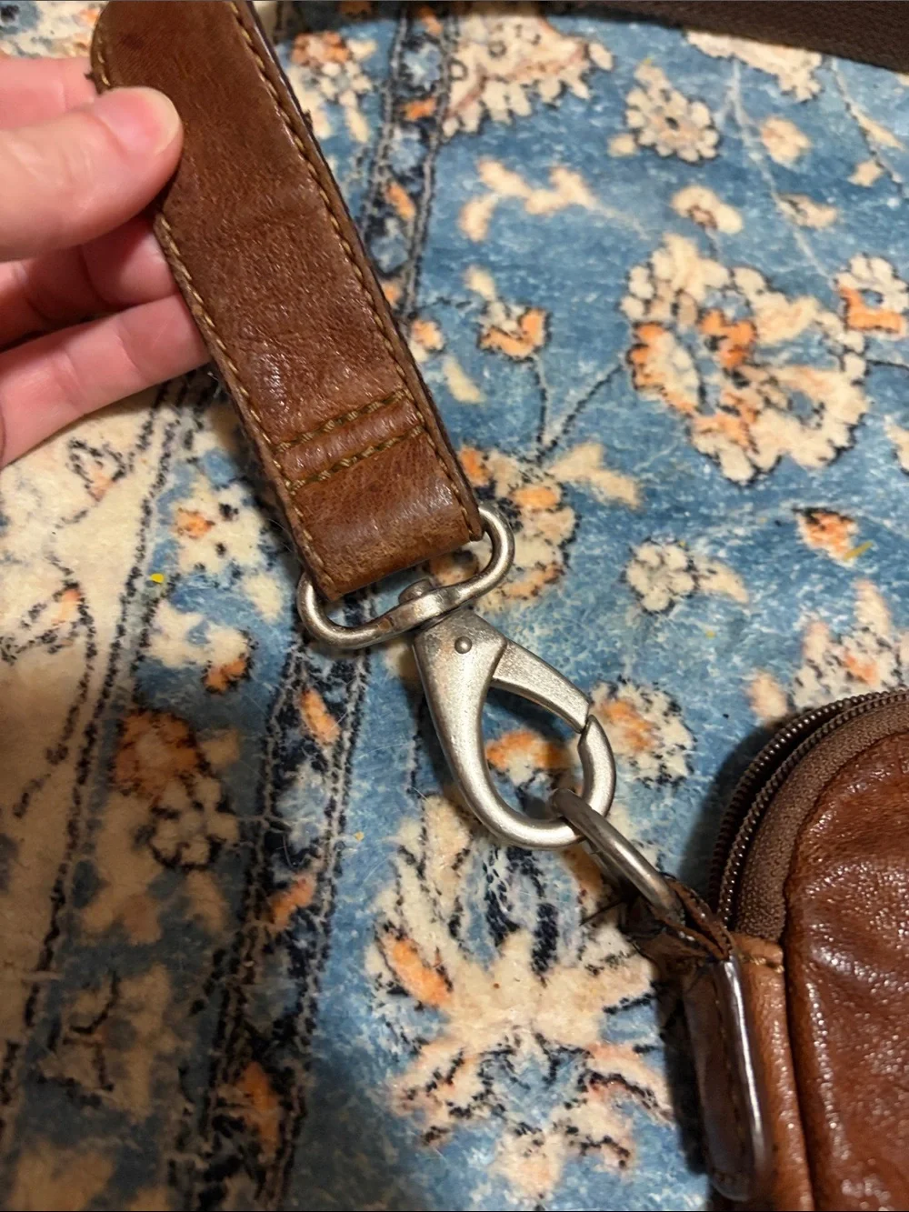 Fossil Brown Leather Laptop Messenger with Floral Stitching